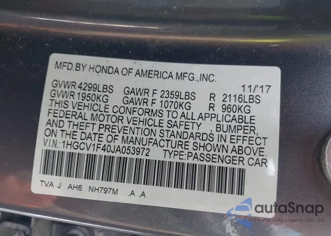 2018 Honda Accord Ex z USA, uszkodzony, nr VIN 1HGCV1F40JA053972